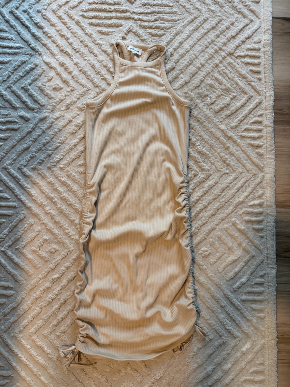 Heartloom Ribbed Side-Ruched Tank Midi Dress — Beige